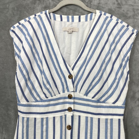Loft Blue Shimmer Stripe Button Front Dress Size 14 Cotton Lined V-Neck Nautical - Picture 3 of 8